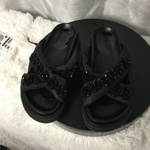 Moncler Black Beaded Crisscross Slide Sandals